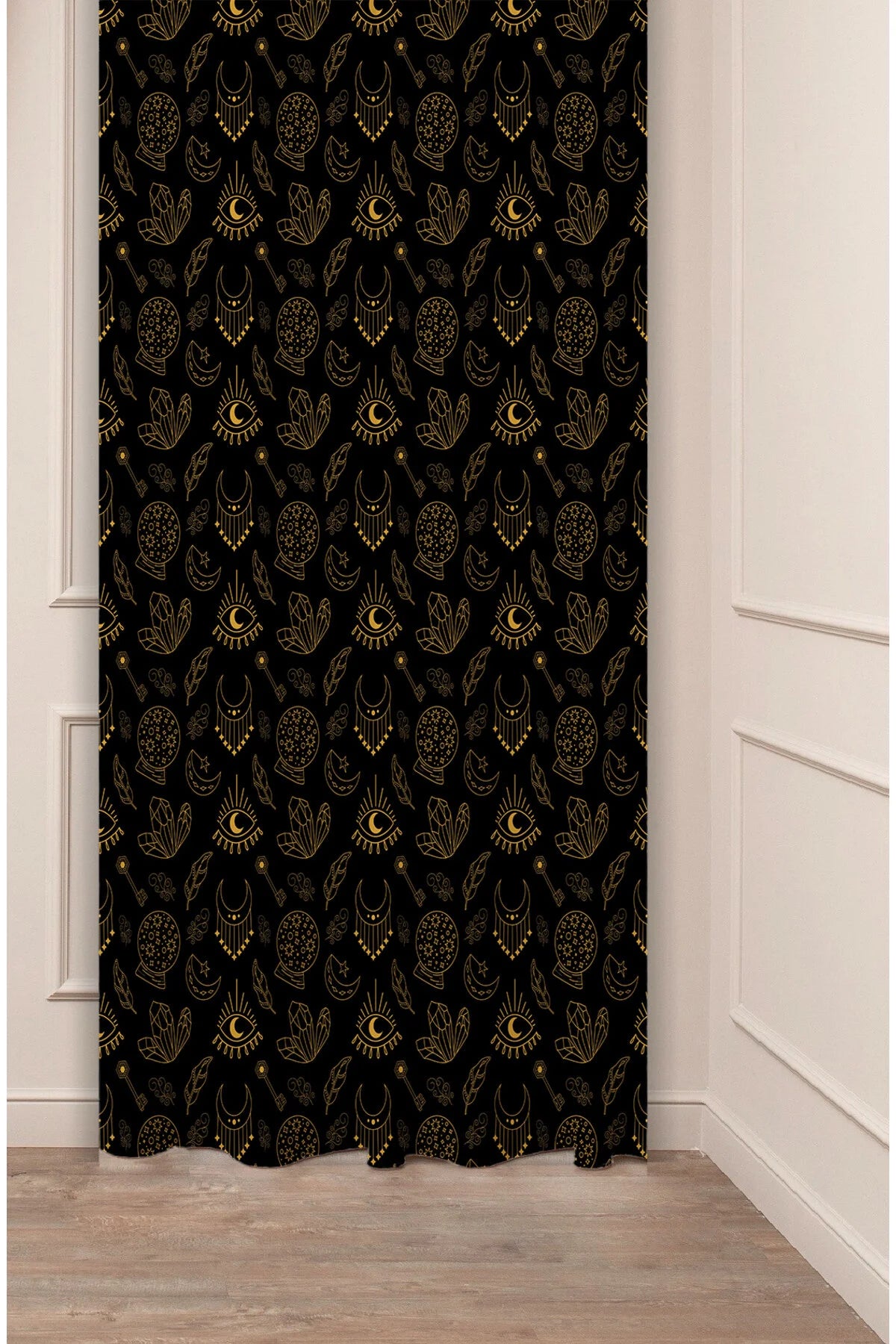 Mystical Celestial Gold & Black Curtain Panels - Witchy Gothic Astrology Moon & Crystal Quartz All-Over Pattern Moody Aesthetic Bedroom Drapery