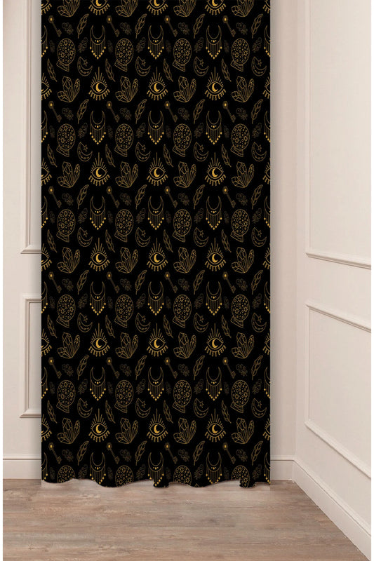 Mystical Celestial Gold & Black Curtain Panels - Witchy Gothic Astrology Moon & Crystal Quartz All-Over Pattern Moody Aesthetic Bedroom Drapery