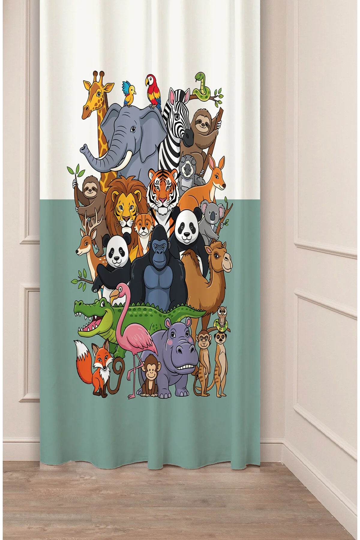 Cute Safari Zoo Animals Kids Curtain Panels - Whimsical Jungle Wildlife Elephant Lion Panda Gorilla Playroom & Nursery Soft Mint Green Window Drapery