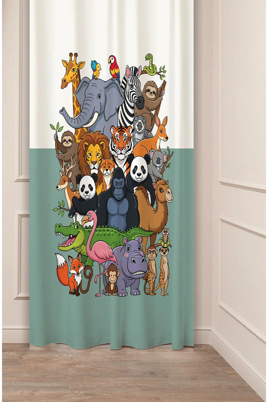 Cute Safari Zoo Animals Kids Curtain Panels - Whimsical Jungle Wildlife Elephant Lion Panda Gorilla Playroom & Nursery Soft Mint Green Window Drapery