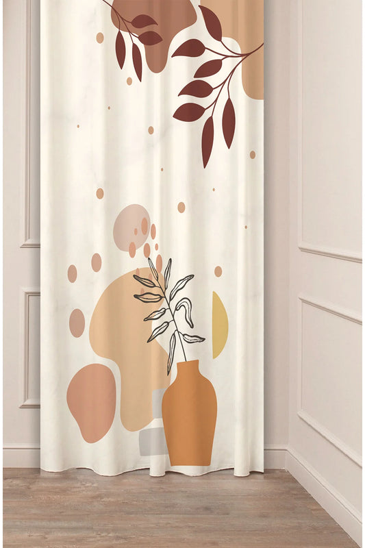 Minimalist Terracotta Ceramic Vase Curtain Panels - Boho Mid-Century Abstract Earth Tone Shapes Line Art Botanical Leaf Warm Living Room Drapery