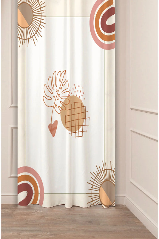 Mid-Century Boho Sunburst & Arch Curtain Panels - Minimalist Framed Line Art Monstera Leaf Geometric Terracotta Shape Modern Living Room Drapery