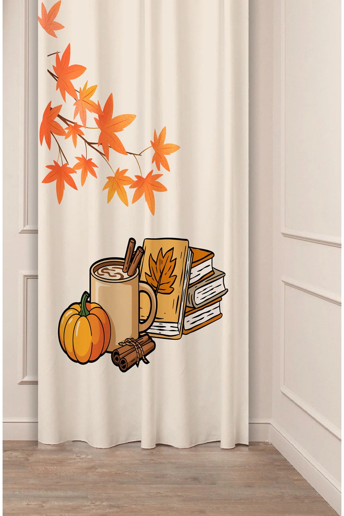 Cozy Autumn Pumpkin Spice & Coffee Curtain Panels - Fall Maple Leaves & Vintage Book Stack Graphic Warm Cottagecore Kitchen & Living Room Drapery