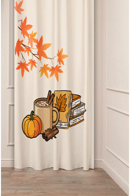 Cozy Autumn Pumpkin Spice & Coffee Curtain Panels - Fall Maple Leaves & Vintage Book Stack Graphic Warm Cottagecore Kitchen & Living Room Drapery