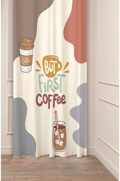 "But First Coffee" Retro Typography Curtain Panels - Whimsical Iced Coffee & To-Go Latte Mug Graphic Abstract Shape Modern Kitchen Bistro Drapery
