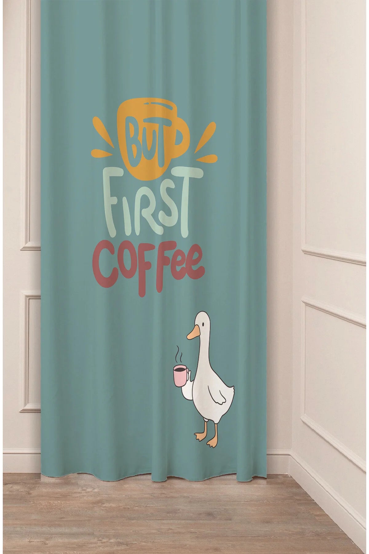 "But First Coffee" Cute Duck Typography Curtain Panels - Whimsical Goose Coffee Mug Graphic Teal Turquoise Modern Kitchen Bistro Drapery