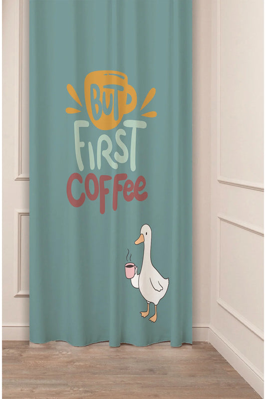 "But First Coffee" Cute Duck Typography Curtain Panels - Whimsical Goose Coffee Mug Graphic Teal Turquoise Modern Kitchen Bistro Drapery