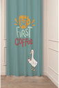 "But First Coffee" Cute Duck Typography Curtain Panels - Whimsical Goose Coffee Mug Graphic Teal Turquoise Modern Kitchen Bistro Drapery