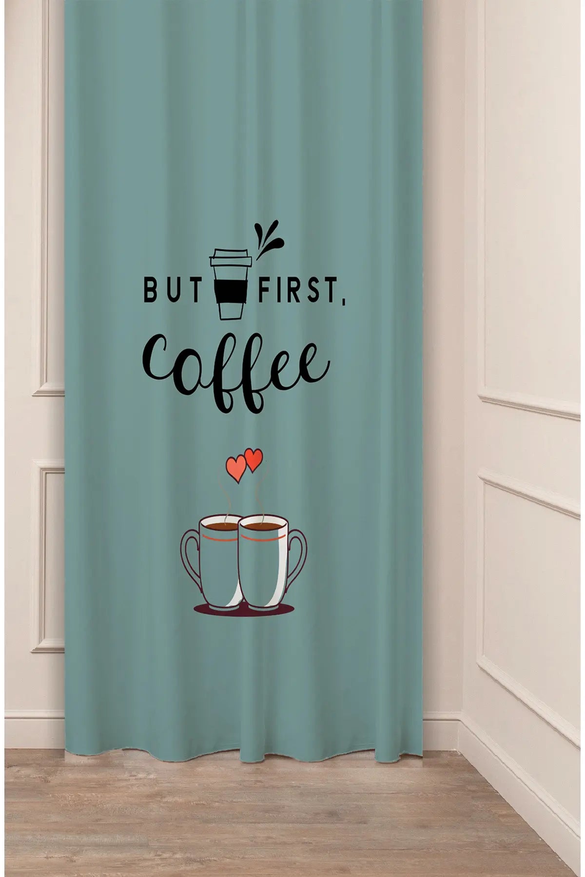 "But First, Coffee" Twin Mugs Romantic Curtain Panels - Whimsical Teal Turquoise Bistro Slogan Graphic Modern Kitchen & Dining Room Drapery