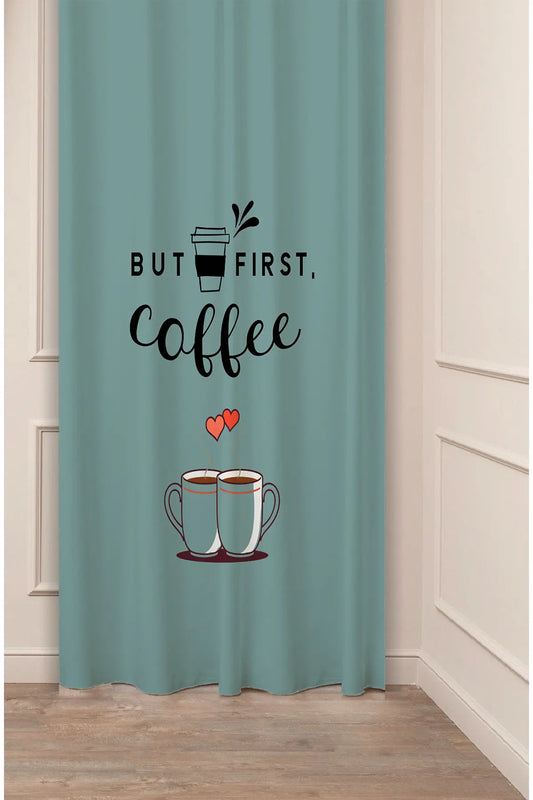 "But First, Coffee" Twin Mugs Romantic Curtain Panels - Whimsical Teal Turquoise Bistro Slogan Graphic Modern Kitchen & Dining Room Drapery