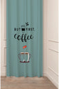 "But First, Coffee" Twin Mugs Romantic Curtain Panels - Whimsical Teal Turquoise Bistro Slogan Graphic Modern Kitchen & Dining Room Drapery