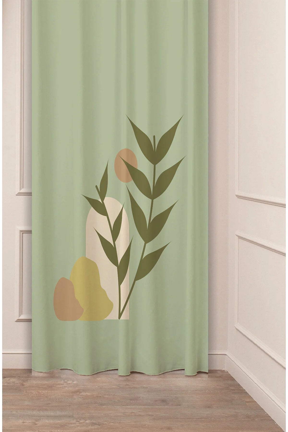 Organic Modern Olive Green Botanical Leaf Curtain Panels - Japandi Minimalist Abstract Earthy Shapes & Clay Blobs Soft Sage Green Living Room Drapery