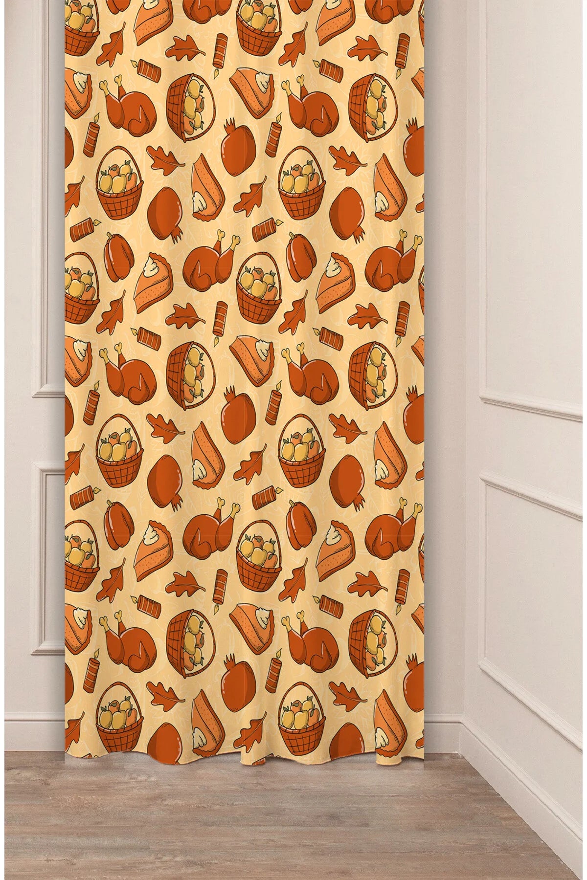 Cozy Autumn Thanksgiving Feast Kitchen Curtain Panels - All-Over Watercolor Pumpkin Pie Roasted Turkey & Fruit Basket Rustic Dining Room Drapery