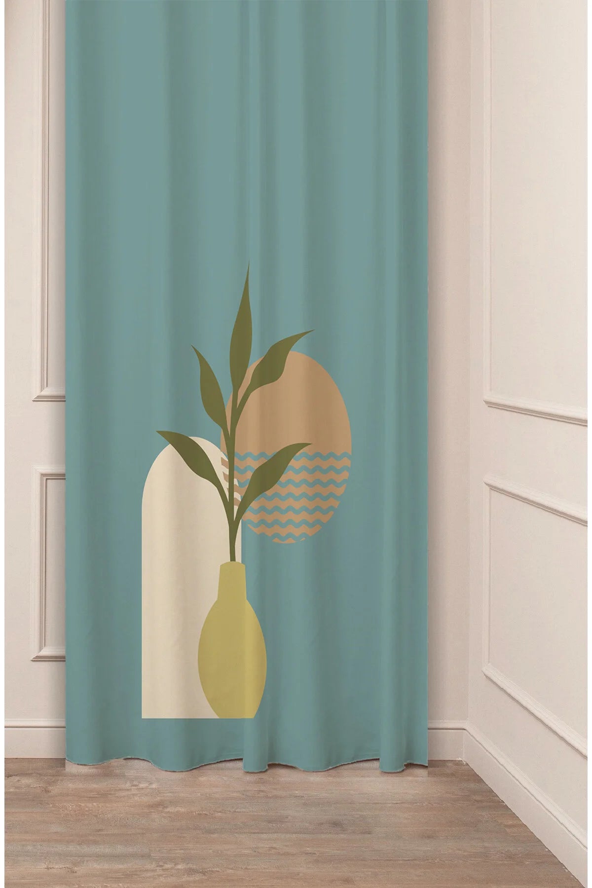 Organic Modern Turquoise Boho Ceramic Vase Curtain Panels - Minimalist Nordic Arch & Terracotta Shape Abstract Leaf Sage Green Living Room Drapery