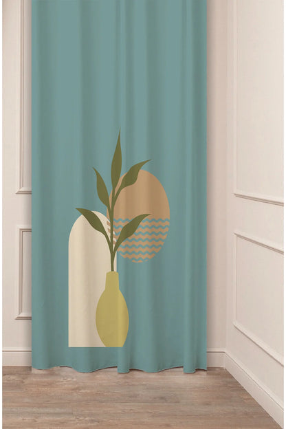 Organic Modern Turquoise Boho Ceramic Vase Curtain Panels - Minimalist Nordic Arch & Terracotta Shape Abstract Leaf Sage Green Living Room Drapery