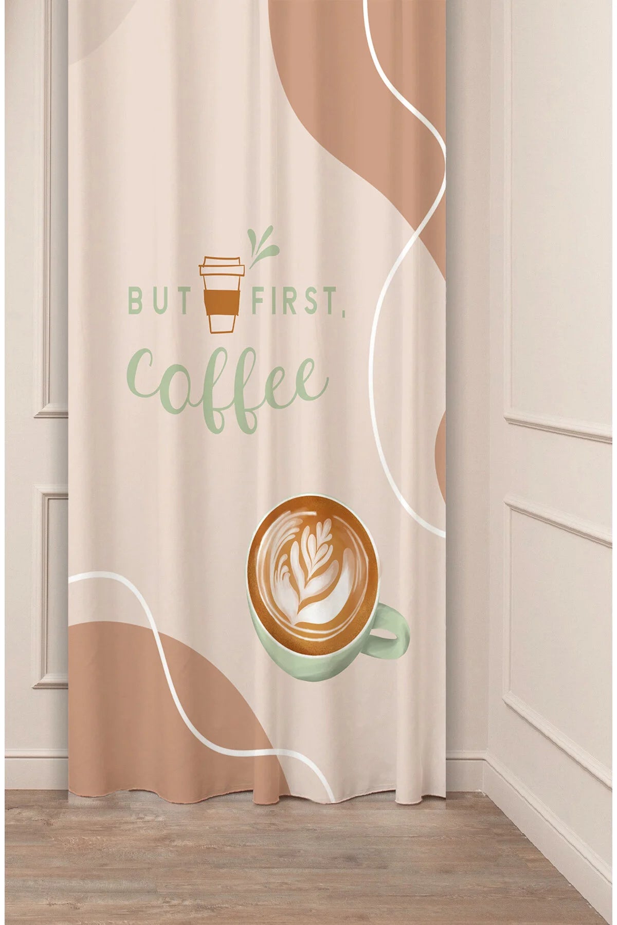 But First, Coffee" Latte Art Cafe Curtain Panels - Whimsical Sage Green Typography & Terracotta Abstract Shapes Modern Kitchen Bistro Drapery