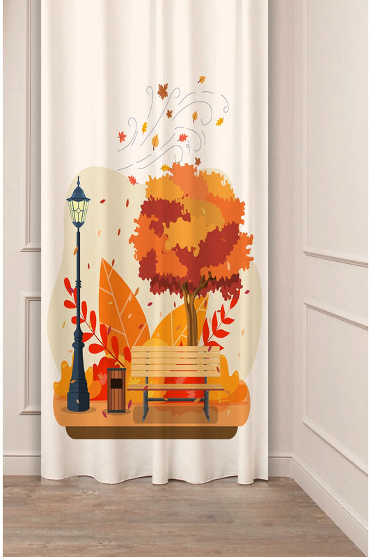 Cozy Autumn Park Bench Landscape Curtain Panels - Nostalgic Street Lamp & Golden Tree Graphic Fall Season Whimsical Living Room & Bedroom Drapery