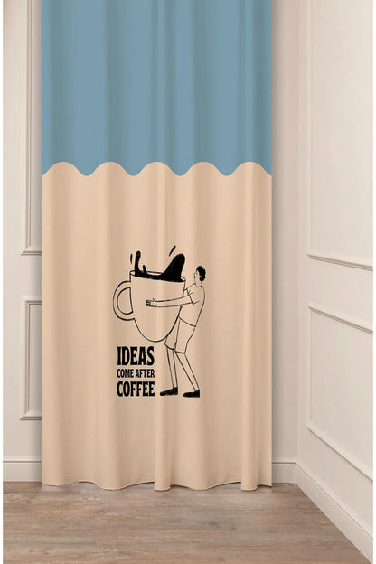 "Ideas Come After Coffee" Two-Tone Scallop Curtain Panels - Minimalist Muted Blue & Cream Fine Line Art Mug Graphic Whimsical Kitchen Bistro Drapery