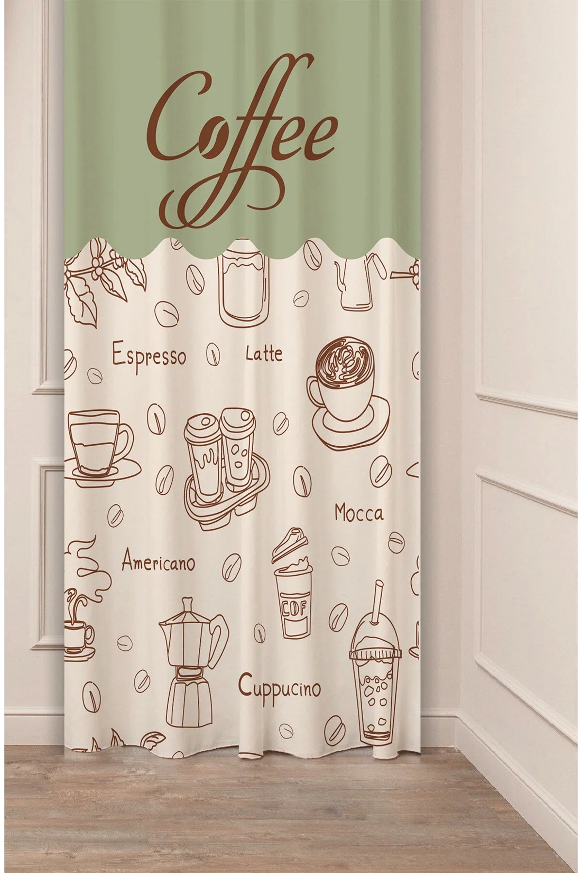 "I Just Need Coffee" Asymmetric Wave Curtain Panels - Minimalist Muted Blue & Cream Fine Line Art Mug Graphic Modern Kitchen Bistro Drapery (Kopya)