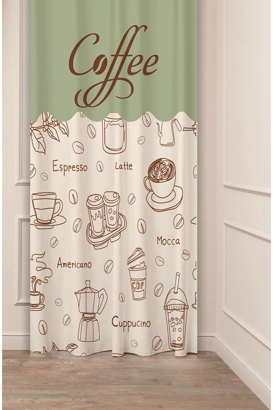 "I Just Need Coffee" Asymmetric Wave Curtain Panels - Minimalist Muted Blue & Cream Fine Line Art Mug Graphic Modern Kitchen Bistro Drapery (Kopya)