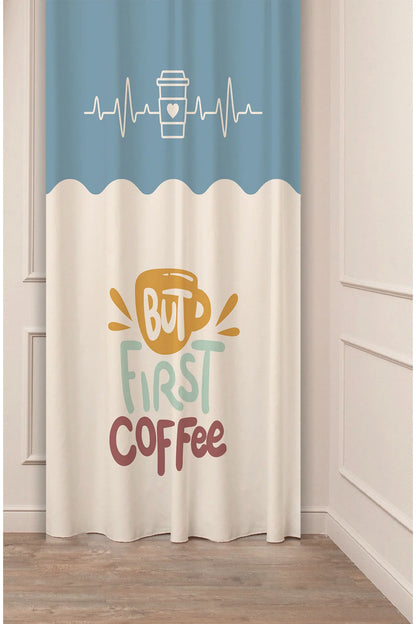 "But First Coffee" Two-Tone Scallop Curtain Panels - Minimalist Muted Blue Heartbeat & Cream Retro Bubble Typography Whimsical Kitchen Bistro Drapery