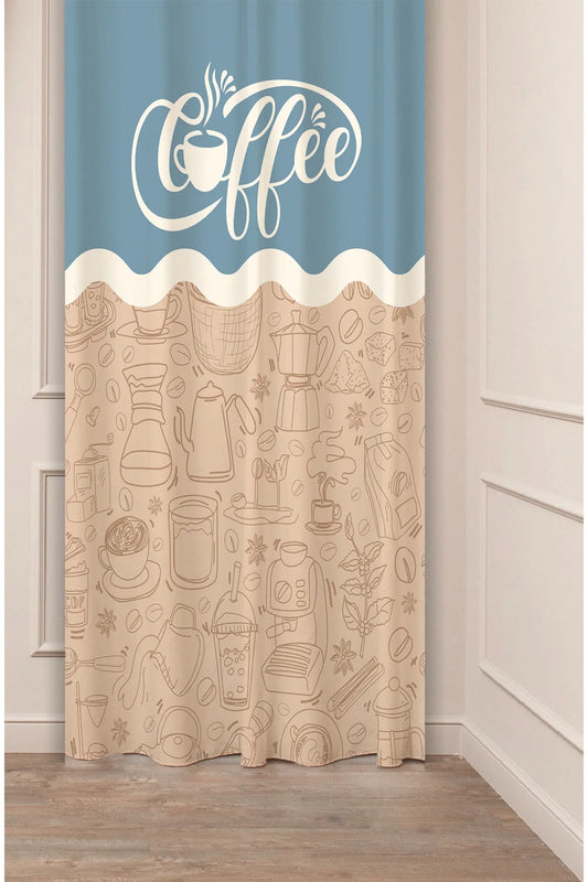 Elegant Coffee Typography Two-Tone Scallop Curtain Panels - Minimalist Muted Blue & Beige All-Over Espresso Machine Line Art Pattern Kitchen Bistro Drapery