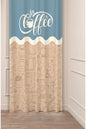 Elegant Coffee Typography Two-Tone Scallop Curtain Panels - Minimalist Muted Blue & Beige All-Over Espresso Machine Line Art Pattern Kitchen Bistro Drapery