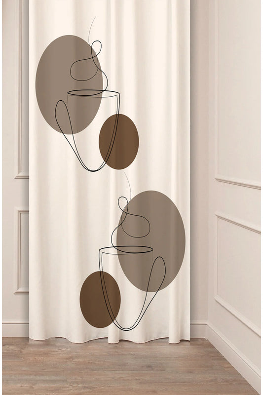 Organic Modern Coffee Continuous Line Art Curtain Panels - Minimalist Japandi Earthy Circles & Abstract Mid-Century Mug Graphic Cream Dining Room Drapery