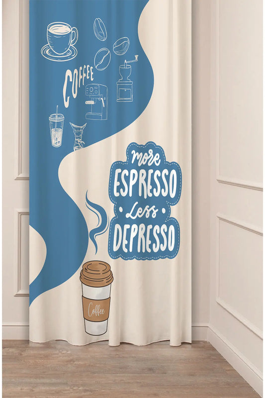 "More Espresso Less Depresso" Asymmetric Wave Curtain Panels - Minimalist Muted Blue & Cream Specialty Coffee Theme Kitchen Bistro Drapery