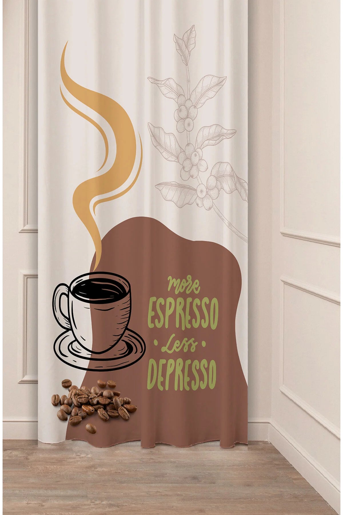 Vintage Coffee House All-Over Sketch Curtain Panels - Classic Brown Line Art Espresso & Beans Motif Cream Kitchen Bistro Drapery