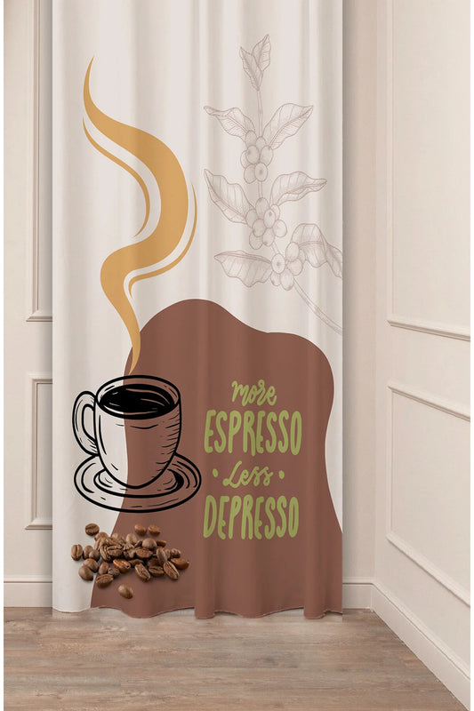Vintage Coffee House All-Over Sketch Curtain Panels - Classic Brown Line Art Espresso & Beans Motif Cream Kitchen Bistro Drapery
