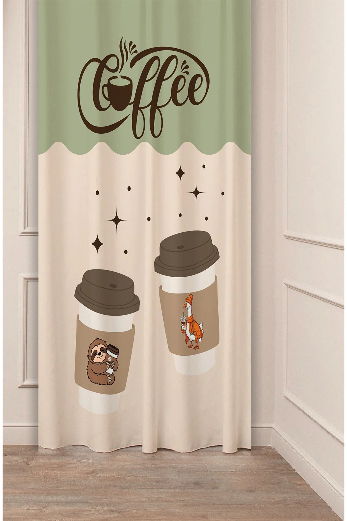 Cute Animals & Coffee To-Go Cup Curtain Panels - Sage Green Colorblock & Cream Minimalist Sloth and Fox Graphic Kitchen Bistro Drapery