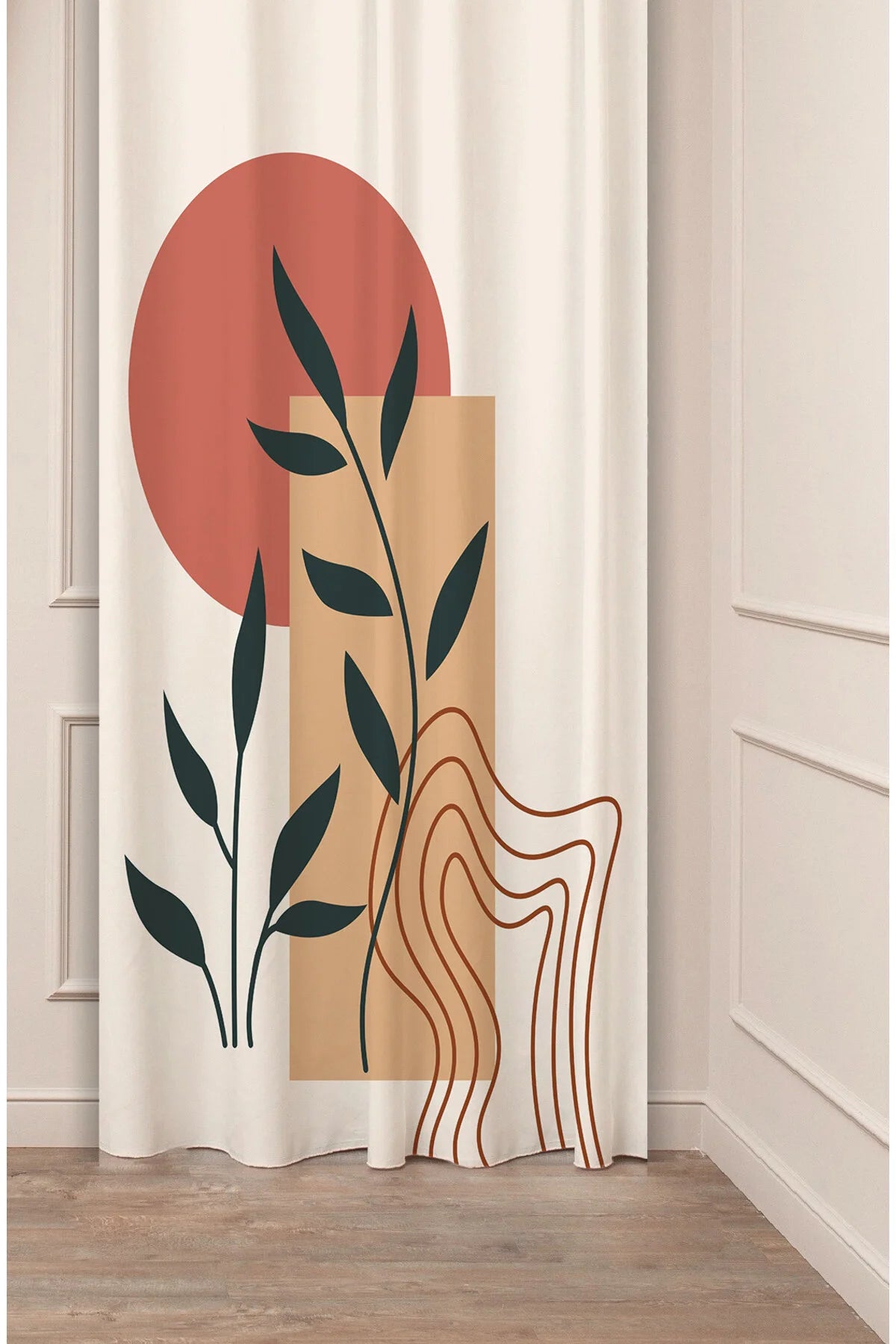 Mid-Century Modern Boho Sun & Leaves Curtain Panels - Abstract Terracotta Circle & Mustard Geometric Shapes Minimalist Living Room Drapery
