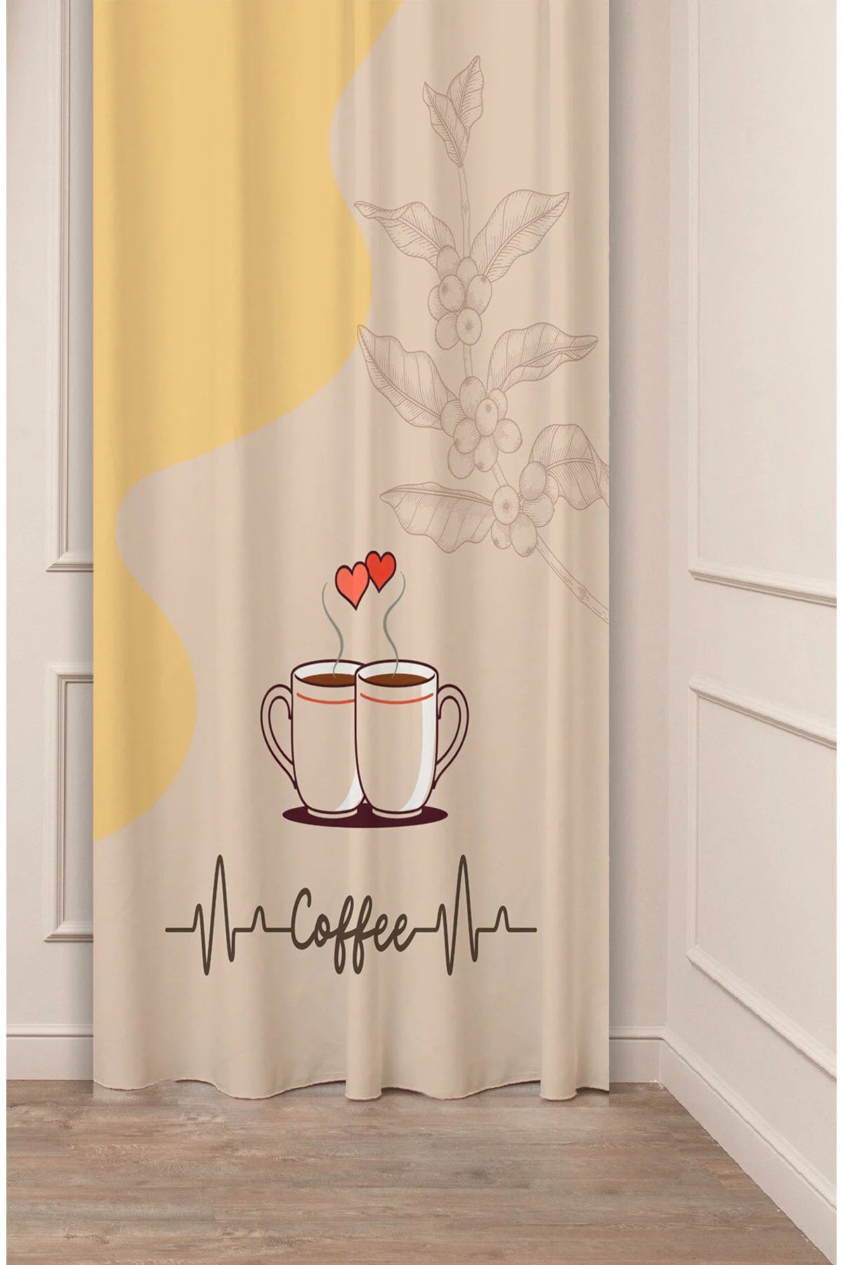 Coffee Heartbeat Couple Mugs Curtain Panels - Yellow Wave & Cream Minimalist Red Hearts Graphic Kitchen Bistro Drapery