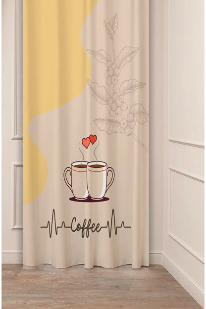 Coffee Heartbeat Couple Mugs Curtain Panels - Yellow Wave & Cream Minimalist Red Hearts Graphic Kitchen Bistro Drapery