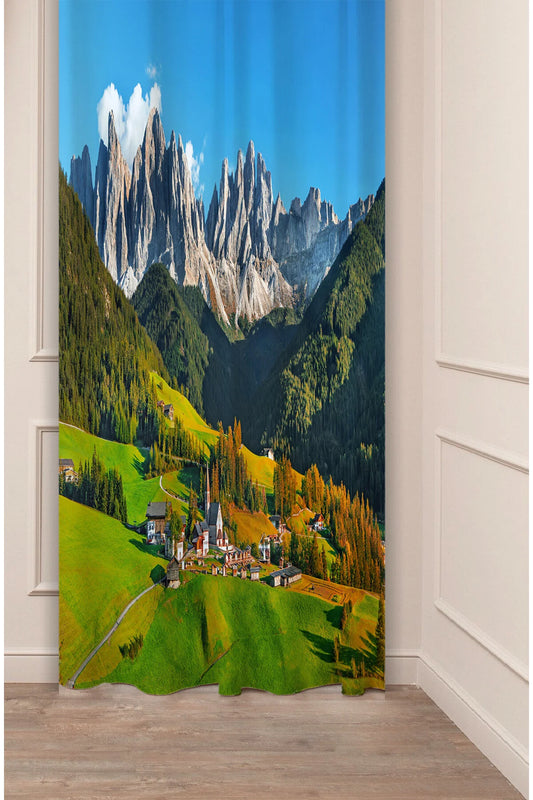 Majestic Swiss Alps Mountain Valley Scenic Curtain Panels - Vibrant Green Meadow & Cozy Village Landscape Living Room Drapery