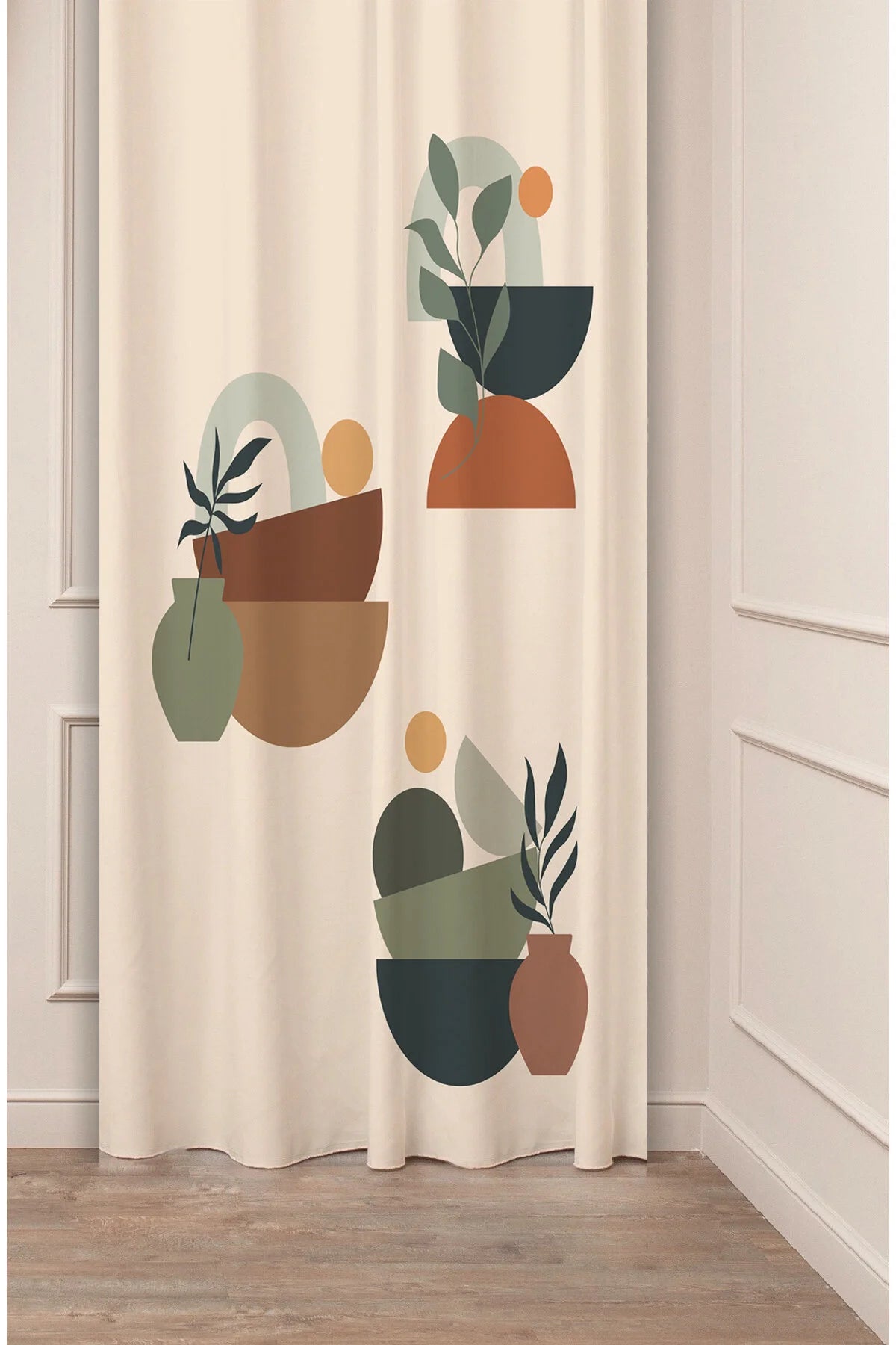 Minimalist Boho Beige Vase & Leaf Curtain - Pastel Toned Digital Printed Single Panel Drape for Aesthetic Home Decor