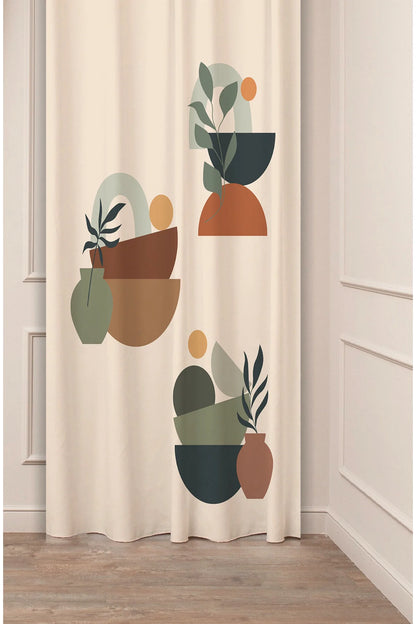 Minimalist Boho Beige Vase & Leaf Curtain - Pastel Toned Digital Printed Single Panel Drape for Aesthetic Home Decor