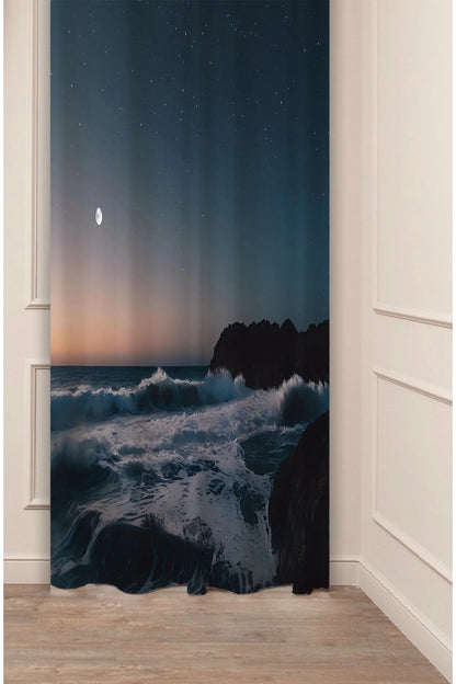 Mystical Starry Night Ocean Scenic Curtain Panels - Crashing Sea Waves & Rocky Coast Landscape Twilight Bedroom Drapery