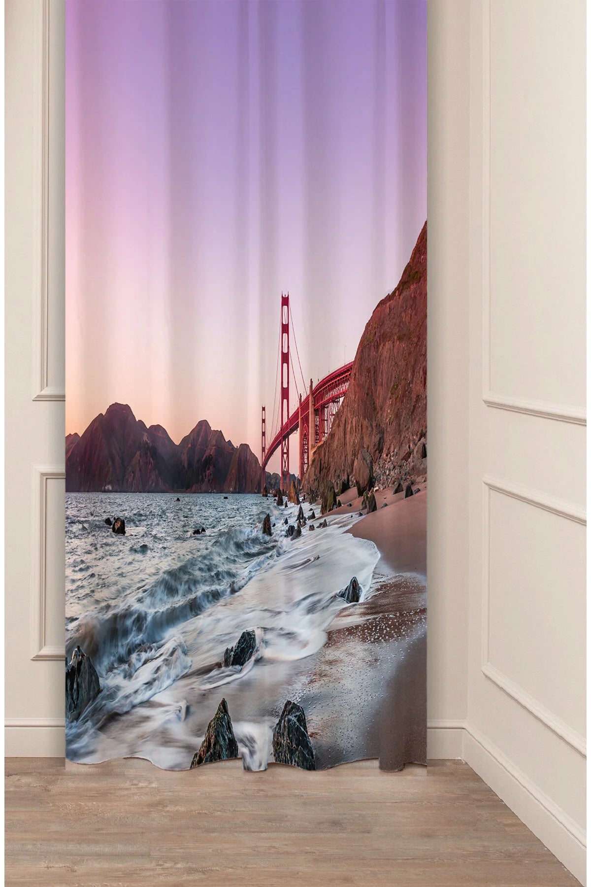 Iconic Golden Gate Bridge Scenic Curtain Panels - Sunset Purple Sky Coastal Wave & Rocky Beach Landscape Modern Living Room Drapery