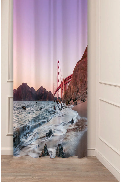 Iconic Golden Gate Bridge Scenic Curtain Panels - Sunset Purple Sky Coastal Wave & Rocky Beach Landscape Modern Living Room Drapery