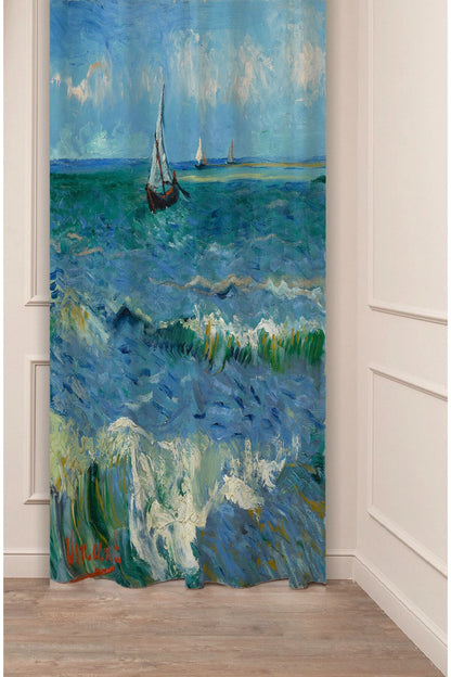Vincent van Gogh "Seascape at Saintes-Maries" Fine Art Curtain Panels - Post-Impressionist Stormy Ocean Wave Painting Replica Luxury Living Room Drapery