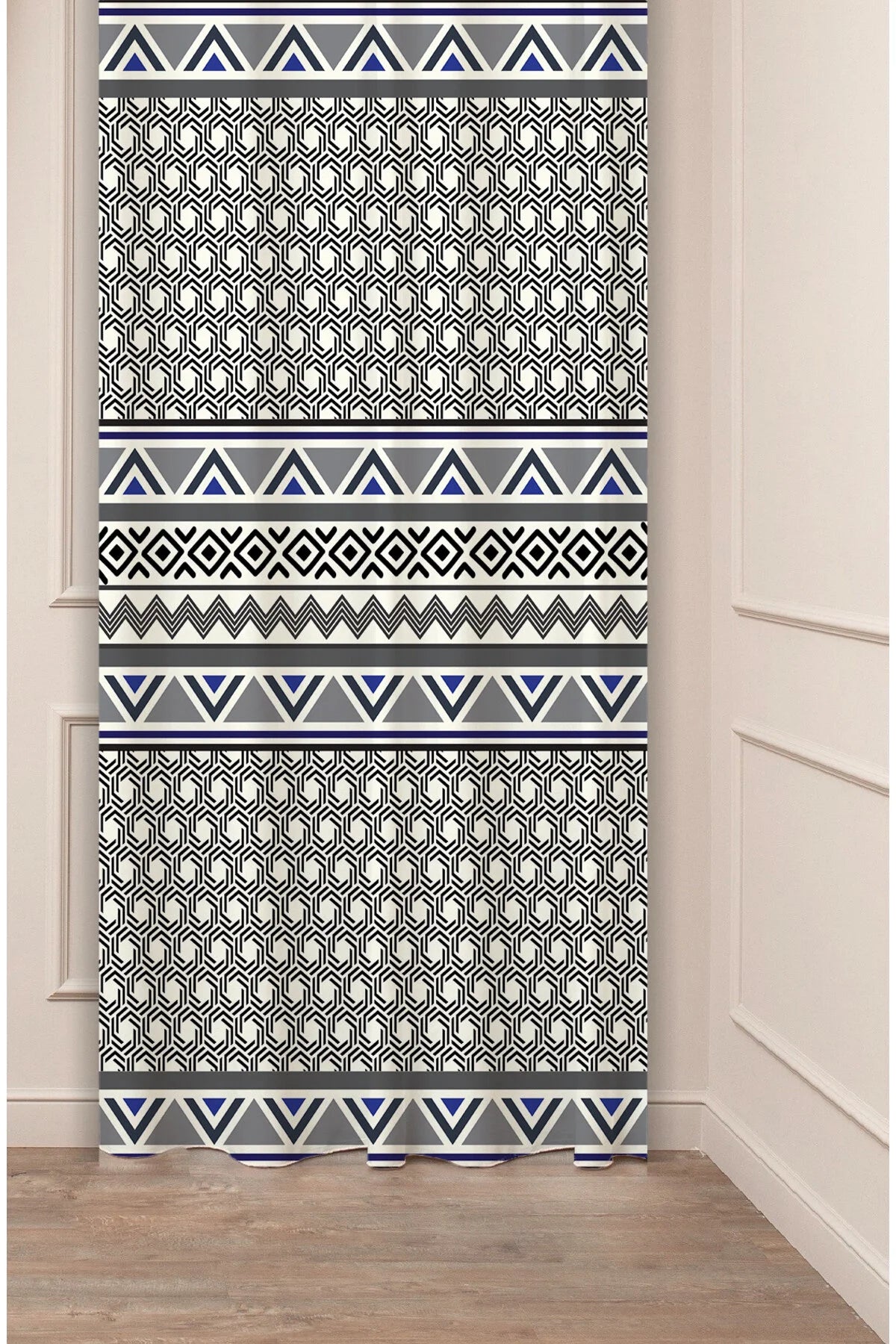 Blue & Black Geometric Ethnic Chain Curtain Panels - Traditional Anatolian Zigzag Pattern Cream Rustic Bohemian Living Room Drapery