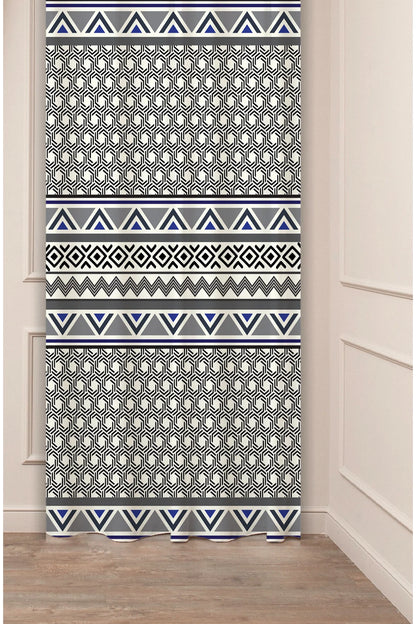 Blue & Black Geometric Ethnic Chain Curtain Panels - Traditional Anatolian Zigzag Pattern Cream Rustic Bohemian Living Room Drapery