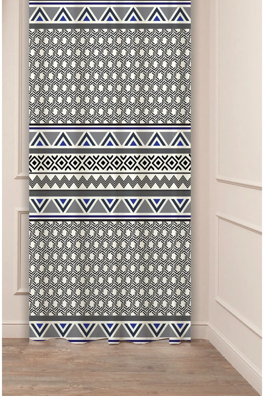 Blue & Black Geometric Ethnic Chain Curtain Panels - Traditional Anatolian Zigzag Pattern Cream Rustic Bohemian Living Room Drapery