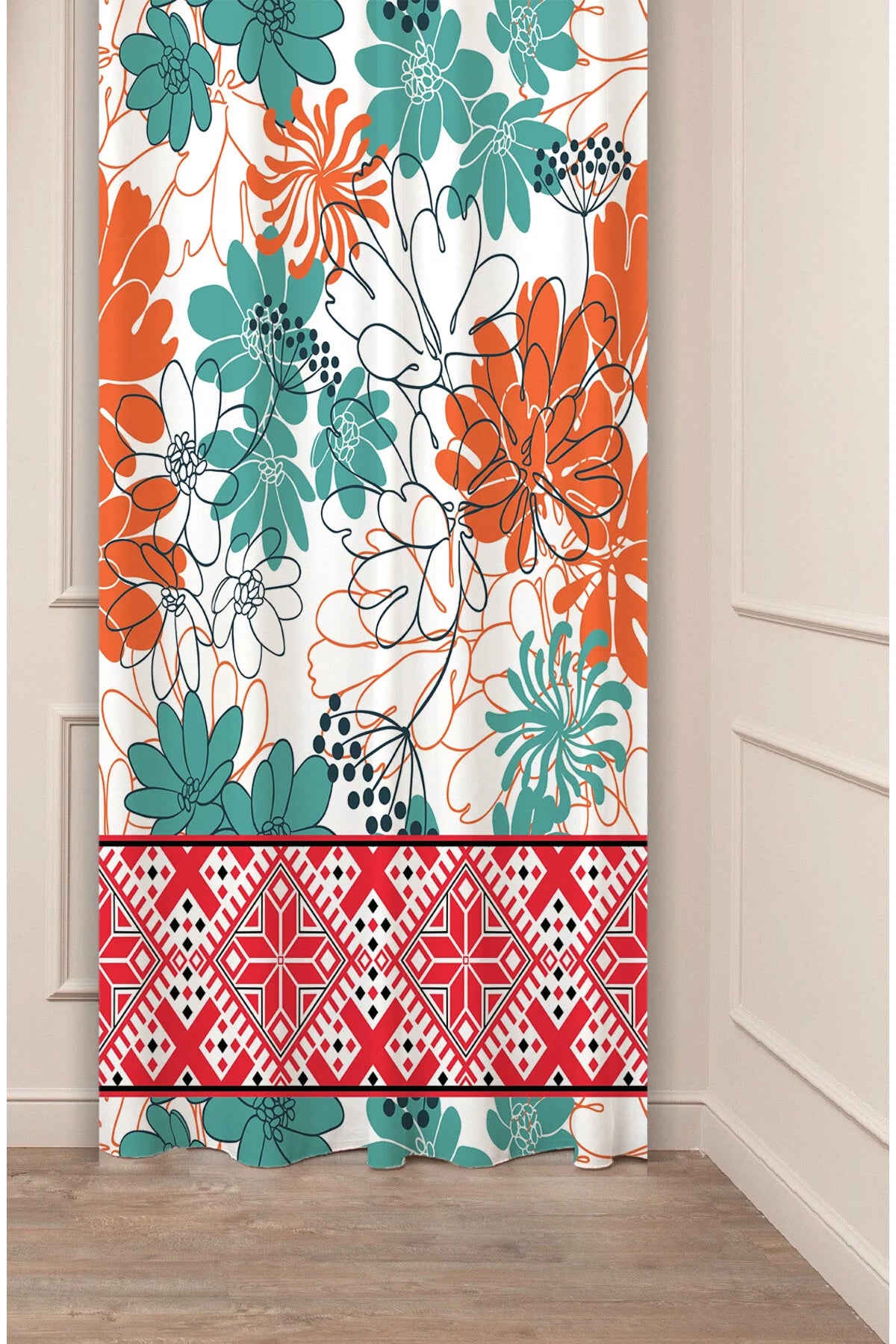 Modern Teal & Orange Floral Curtain Panels with Ethnic Kilim Border - Eclectic Botanical and Traditional Geometric Pattern Bohemian Living Room Drapery