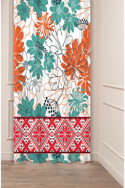 Modern Teal & Orange Floral Curtain Panels with Ethnic Kilim Border - Eclectic Botanical and Traditional Geometric Pattern Bohemian Living Room Drapery