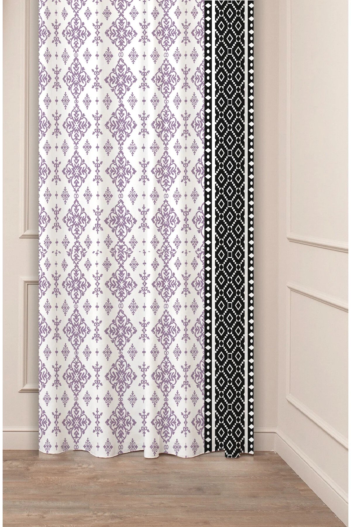 Elegant Purple Ikat Damask Curtain Panels with Black & White Geometric Border - Symmetrical Folk Pattern Cream Bohemian Living Room Drapery