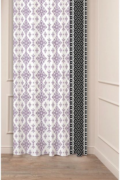 Elegant Purple Ikat Damask Curtain Panels with Black & White Geometric Border - Symmetrical Folk Pattern Cream Bohemian Living Room Drapery