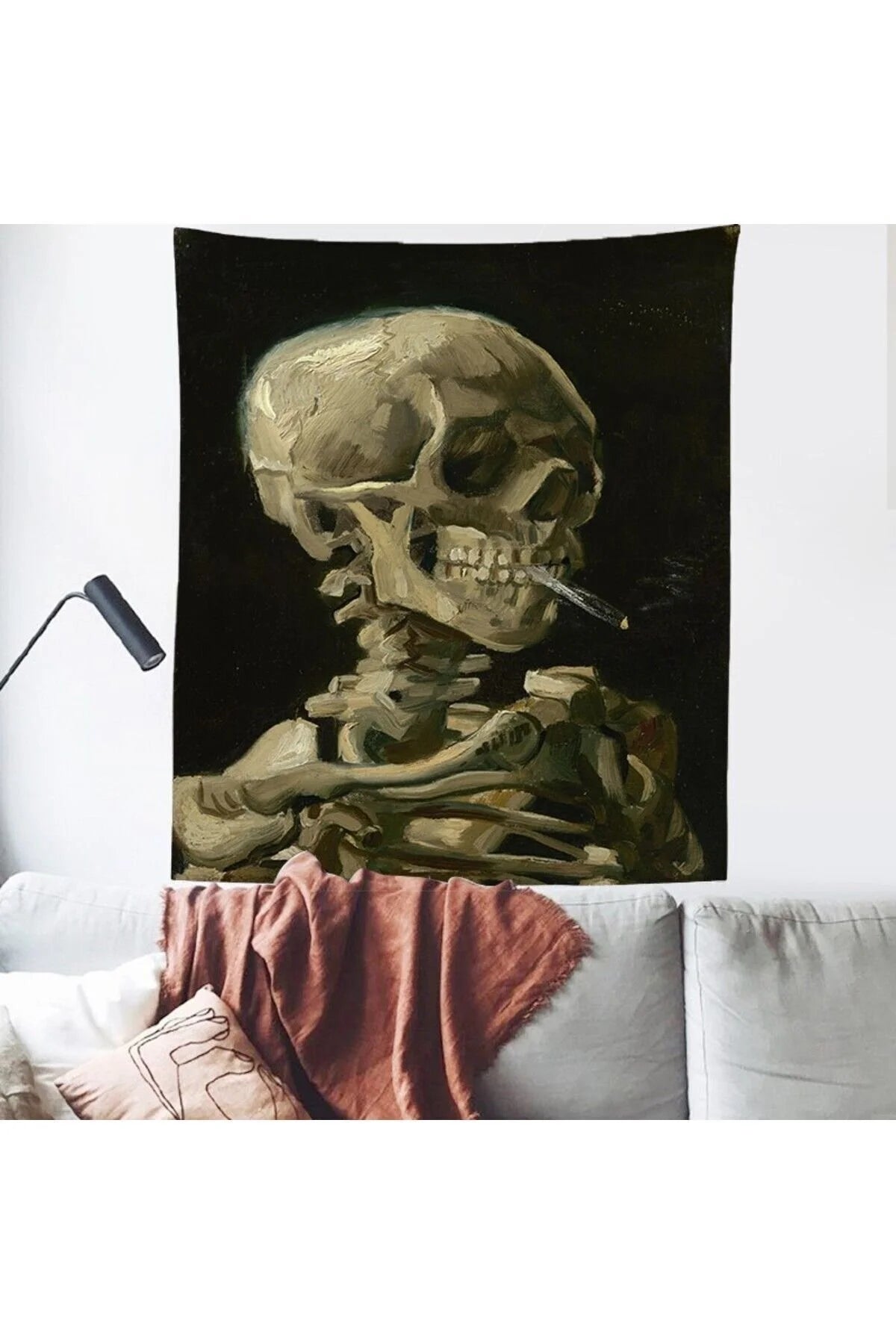 Vincent van Gogh "Skull of a Skeleton with a Burning Cigarette" Fine Art Wall Tapestry - Dark Academic Gothic Aesthetic Dorm Room Hanging Fabric Poster